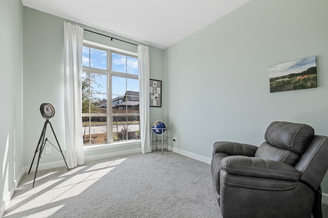 living area featuring carpet flooring and baseboards