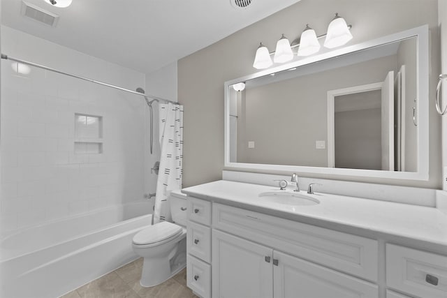 bathroom featuring visible vents, toilet, shower / tub combo, vanity, and tile patterned flooring