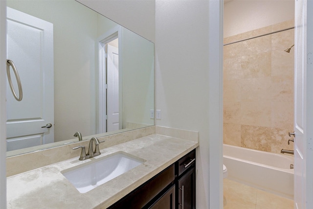 bathroom with vanity, shower / tub combination, toilet, and tile patterned flooring