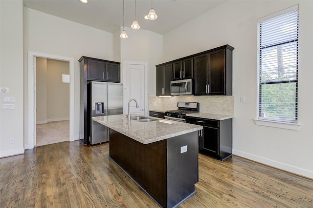 kitchen featuring a kitchen island with sink, a sink, decorative backsplash, appliances with stainless steel finishes, and pendant lighting