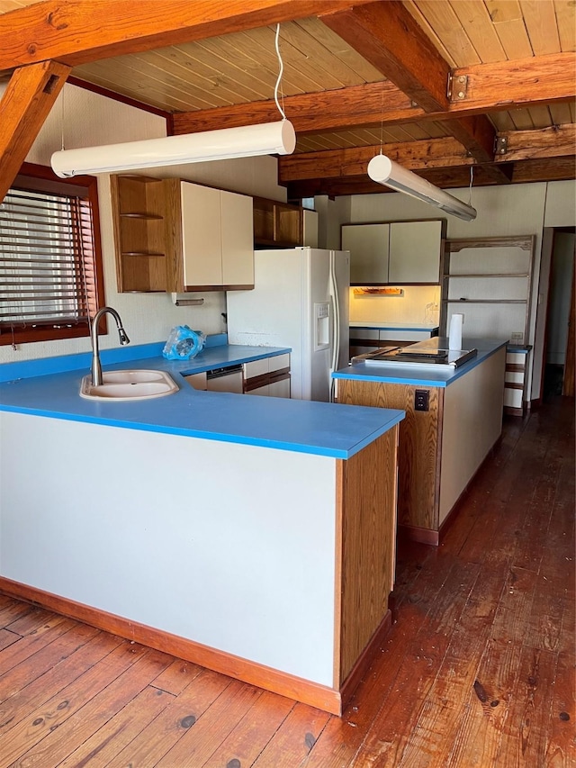 kitchen featuring white refrigerator with ice dispenser, a sink, wood ceiling, beam ceiling, and dark wood finished floors