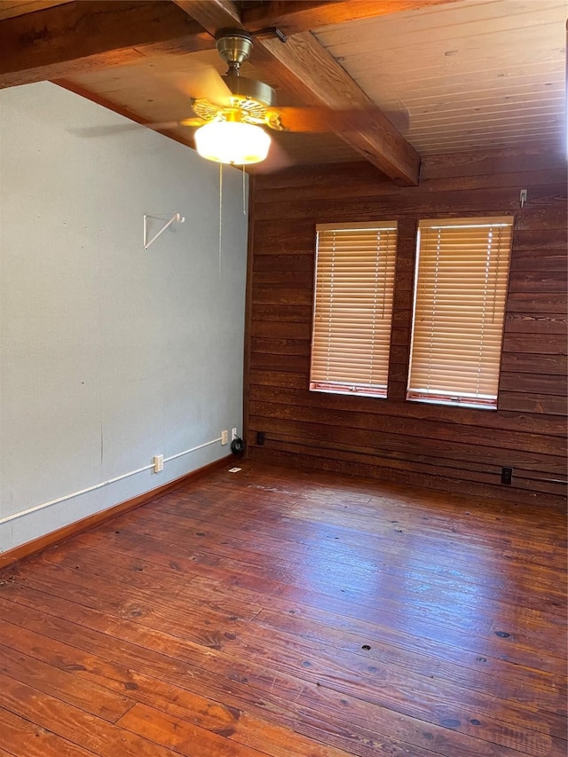 unfurnished room with wood-type flooring, beamed ceiling, wood walls, and baseboards