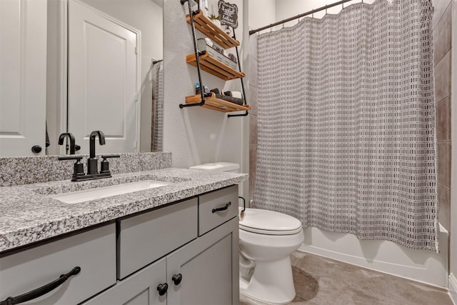 full bathroom with vanity, toilet, shower / bath combo, and tile patterned flooring