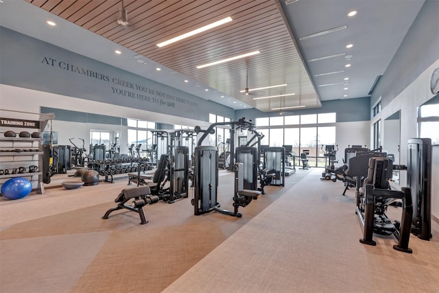 exercise room with recessed lighting, a healthy amount of sunlight, and carpet floors