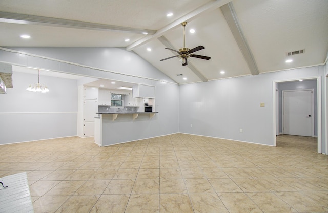 unfurnished living room with recessed lighting, visible vents, lofted ceiling with beams, and ceiling fan with notable chandelier