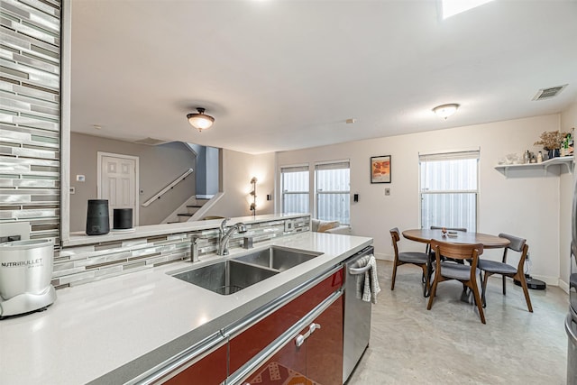 kitchen with a sink, visible vents, baseboards, stainless steel dishwasher, and backsplash