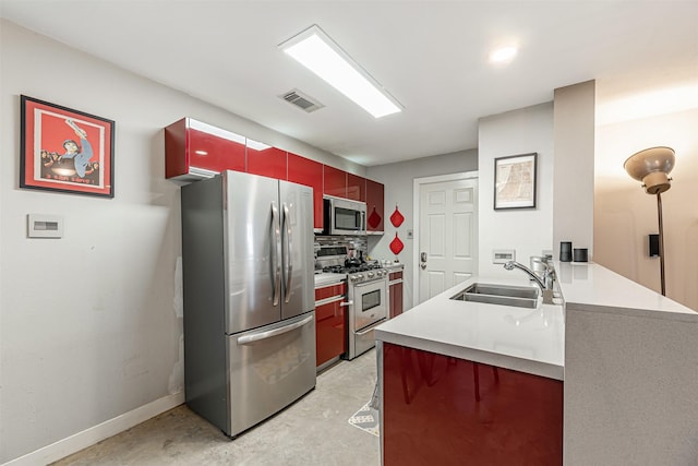 kitchen featuring baseboards, visible vents, appliances with stainless steel finishes, concrete floors, and a sink