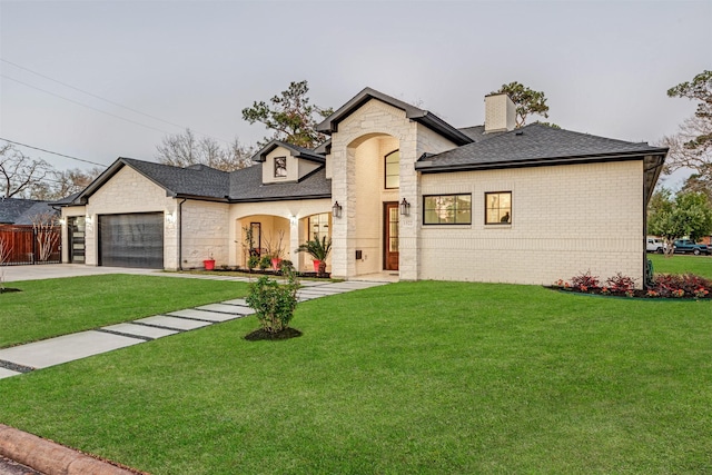 french country inspired facade with a garage, brick siding, concrete driveway, and a front lawn