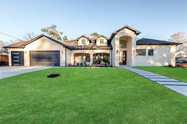 view of front facade with a garage, brick siding, concrete driveway, and a front yard