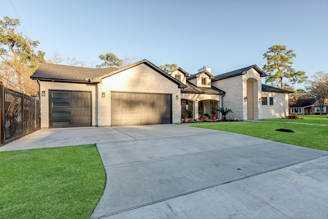 view of front of house with a front yard, fence, driveway, stone siding, and a garage