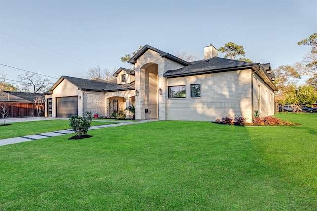 french country home with brick siding, a front yard, a chimney, a garage, and driveway