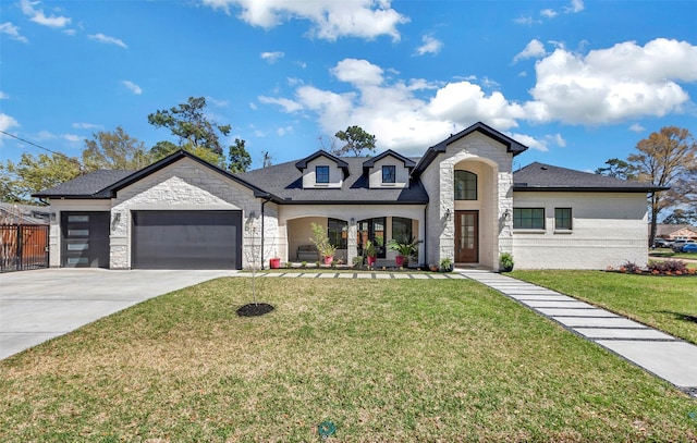 1522 Maux Dr, Houston, TX 77043 - view of front facade with concrete driveway, a garage, a front lawn, and stone siding