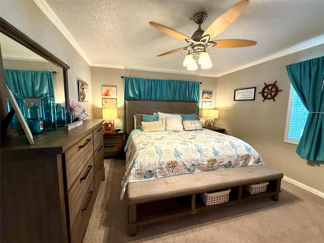 bedroom with a textured wall, ornamental molding, carpet flooring, ceiling fan, and a textured ceiling