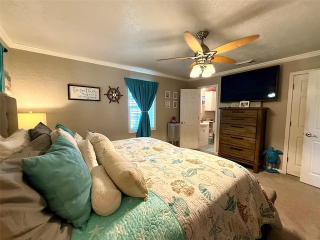 carpeted bedroom with a textured ceiling, ceiling fan, and ornamental molding