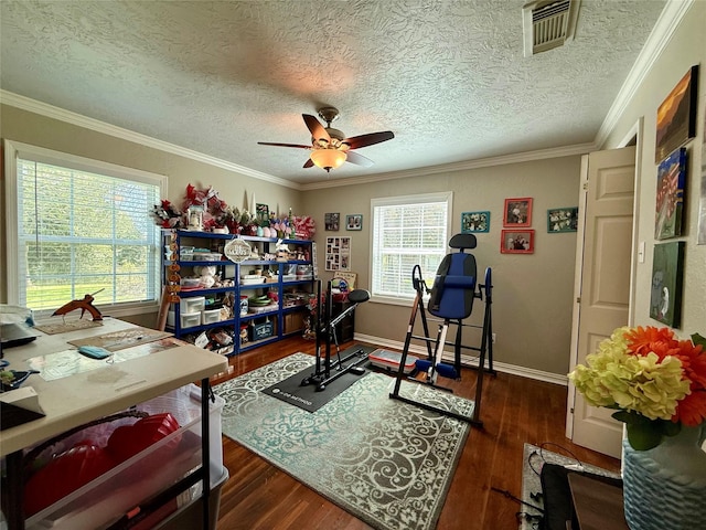 office featuring a ceiling fan, crown molding, visible vents, and wood finished floors