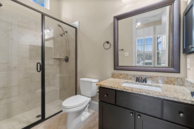 full bathroom featuring a stall shower, baseboards, toilet, tile patterned flooring, and vanity