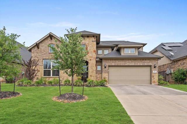 view of front of home featuring an attached garage, concrete driveway, stone siding, roof with shingles, and a front lawn