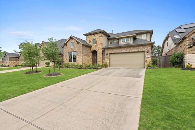 view of front facade with driveway, fence, and a front lawn