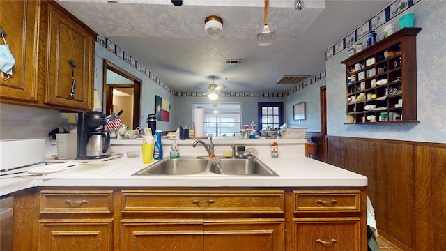 kitchen with a wainscoted wall, light countertops, a sink, and wooden walls