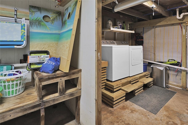 unfinished below grade area with washing machine and clothes dryer