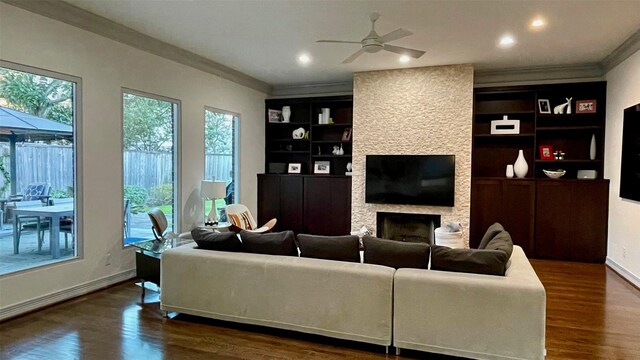 living area featuring a healthy amount of sunlight, ornamental molding, dark wood-style flooring, and a stone fireplace