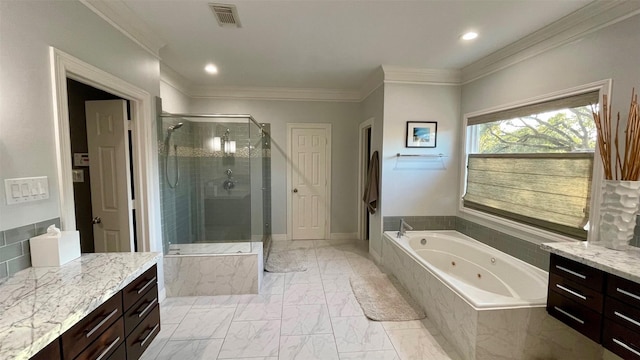 full bathroom with vanity, visible vents, a whirlpool tub, a stall shower, and crown molding