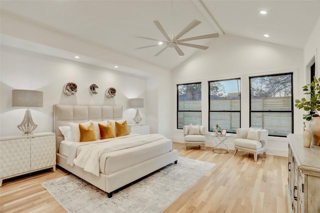 bedroom with high vaulted ceiling, recessed lighting, a ceiling fan, light wood-type flooring, and beamed ceiling