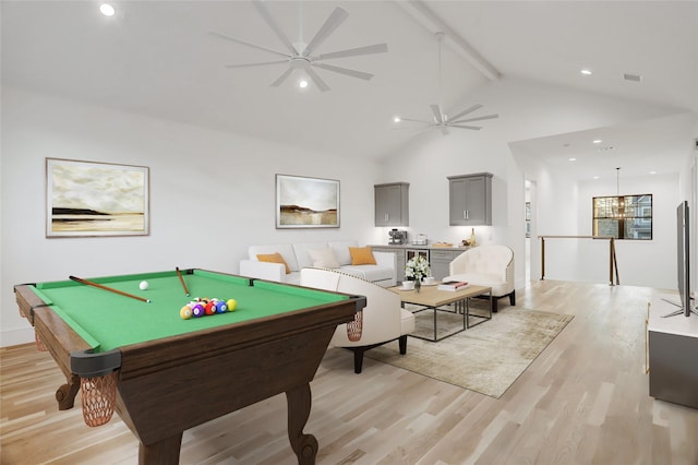 playroom with billiards, light wood-style flooring, ceiling fan, beamed ceiling, and high vaulted ceiling