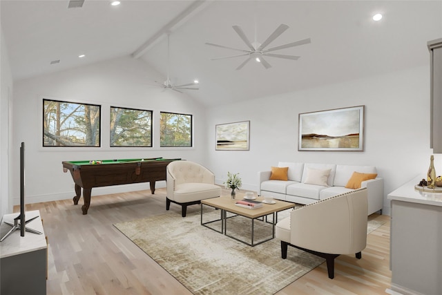 living area featuring light wood-style flooring, ceiling fan, beamed ceiling, pool table, and recessed lighting