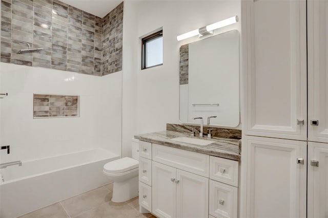 bathroom with toilet, tile patterned floors, shower / washtub combination, and vanity