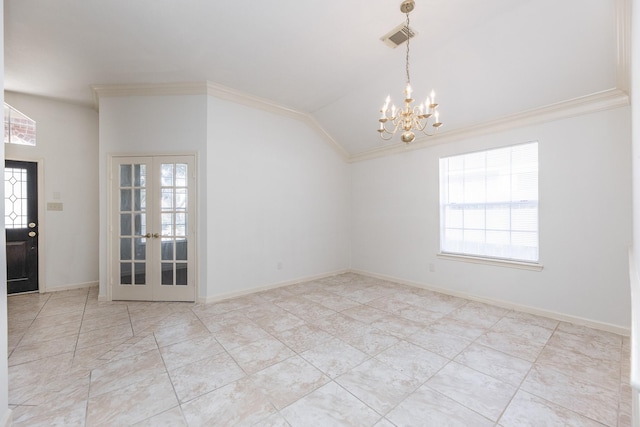 empty room featuring visible vents, vaulted ceiling, crown molding, and french doors