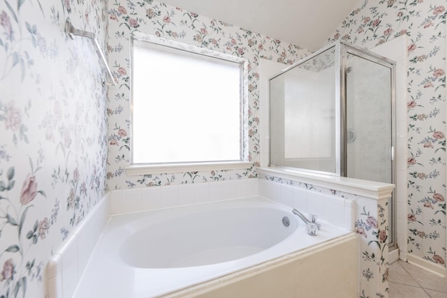 full bathroom featuring a garden tub, tile patterned flooring, a shower stall, and wallpapered walls