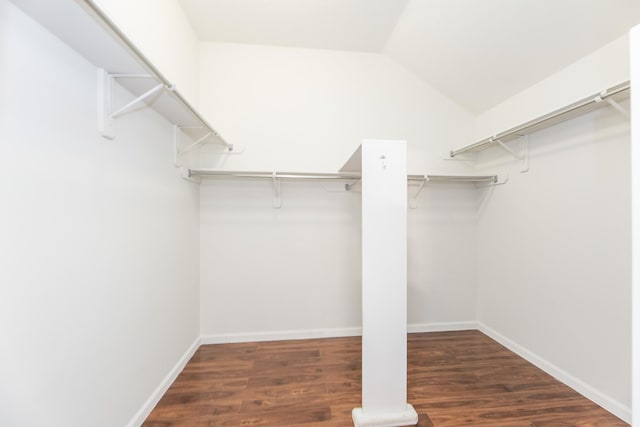 spacious closet with lofted ceiling and wood finished floors