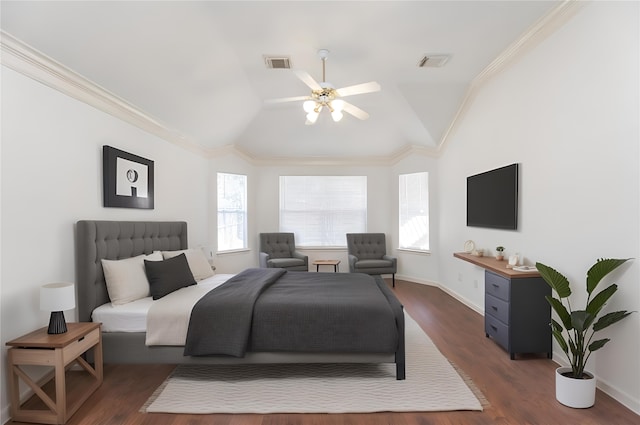 bedroom with multiple windows, visible vents, and dark wood-type flooring