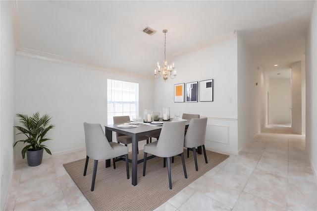 dining space featuring light tile patterned floors, visible vents, a notable chandelier, and ornamental molding