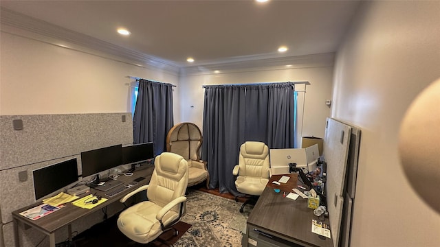 office area featuring recessed lighting and crown molding