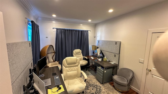 office area with ornamental molding and recessed lighting