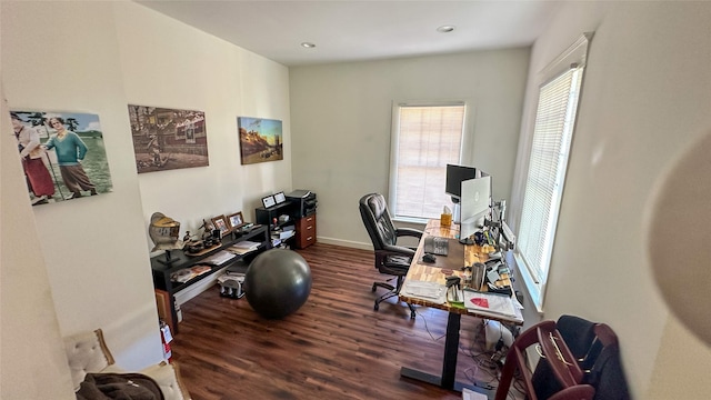 office area featuring baseboards, wood finished floors, and recessed lighting