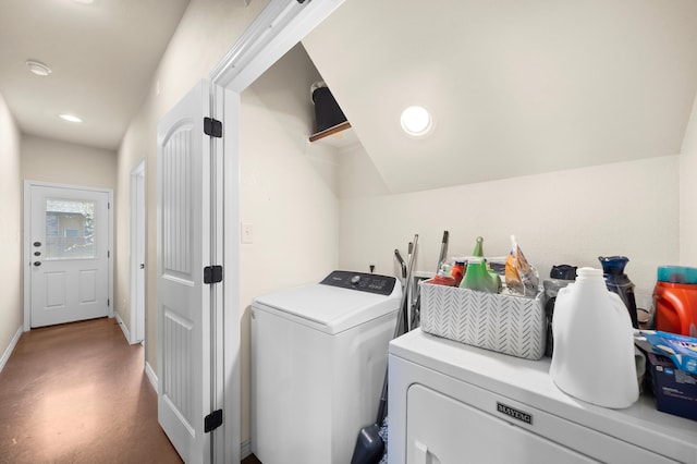 laundry area with laundry area, washing machine and dryer, baseboards, and recessed lighting