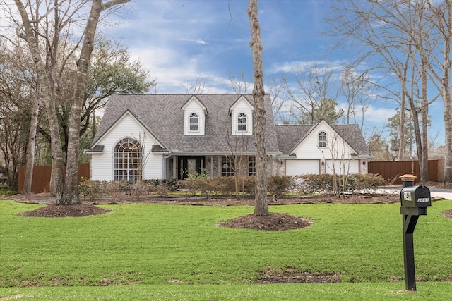 new england style home featuring a front lawn, roof with shingles, fence, and a garage