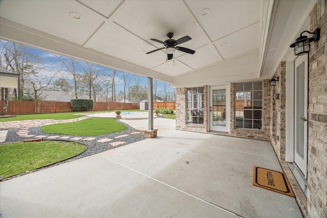 view of patio / terrace featuring ceiling fan and a fenced backyard