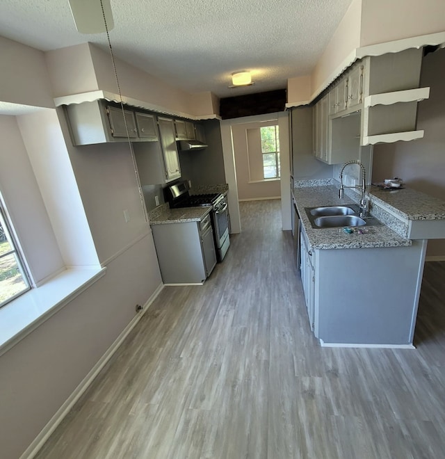 kitchen with a sink, light wood finished floors, gray cabinets, and stainless steel range with gas cooktop