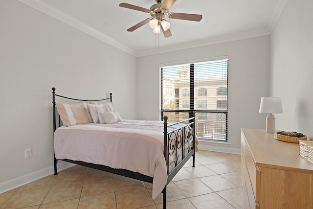 bedroom with light tile patterned floors, multiple windows, baseboards, and crown molding