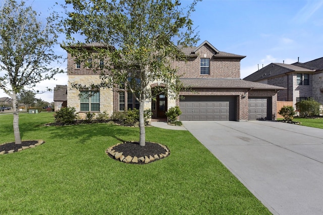 traditional-style house with an attached garage, brick siding, driveway, roof with shingles, and a front lawn