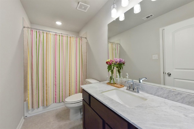 bathroom with visible vents, toilet, shower / bath combo with shower curtain, vanity, and tile patterned floors