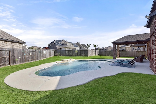 view of pool with a lawn, a patio area, a fenced backyard, and a fenced in pool