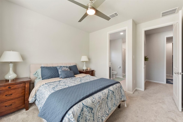 bedroom featuring baseboards, a ceiling fan, visible vents, and light colored carpet