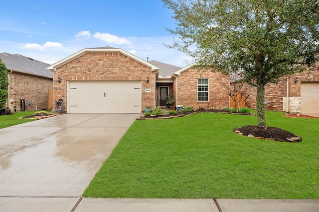 single story home with an attached garage, driveway, a front yard, and brick siding