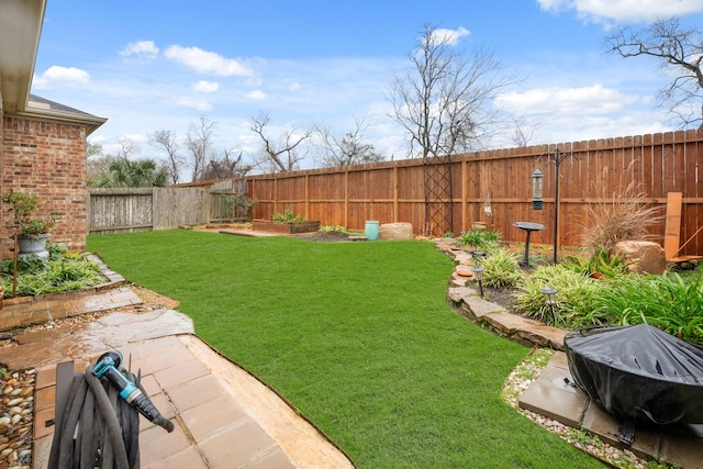 view of yard with a fenced backyard and a vegetable garden