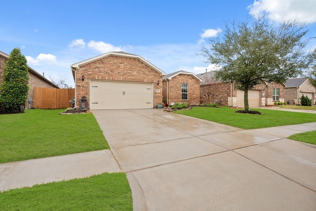 single story home featuring driveway, brick siding, a front lawn, and fence